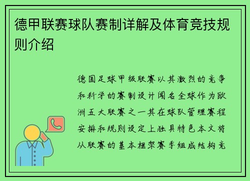 德甲联赛球队赛制详解及体育竞技规则介绍